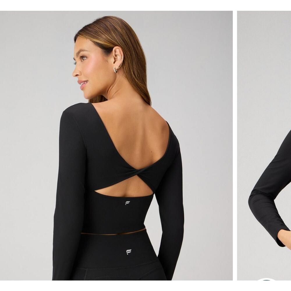 Fabletics Oasis Twist Built-In Bra Long Sleeve Top Size Medium Black Minimalist